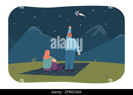 Cartoon couple looking at night sky on picnic Stock Vector