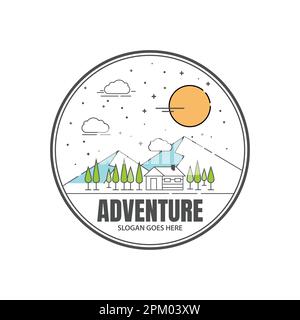 Minimal line art adventure logo template vector eps 10. Vintage simple logo design. Outdoor adventure line art scene, hiking landscape. Stock vector b Stock Vector