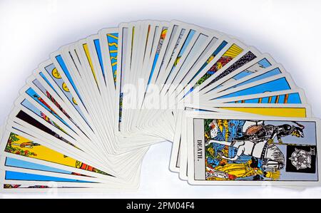 Tarot cards arranged in a fan shape with the Death card visible Stock Photo