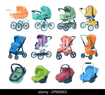 Strollers and car seats for babies vector illustrations set Stock Vector
