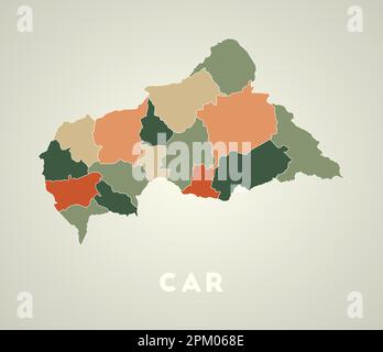 CAR poster in retro style. Map of the country with regions in autumn color palette. Shape of CAR with country name. Classy vector illustration. Stock Vector