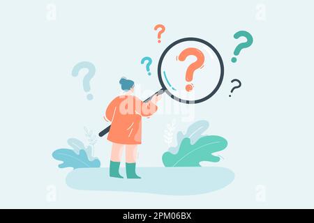Curious woman looking through magnifier at question marks Stock Vector