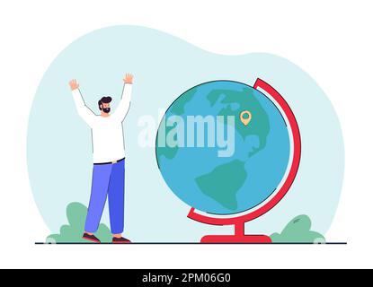 Cheerful man standing next to huge globe with location marker Stock Vector