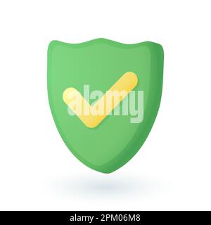 3d cartoon style green shield with checkmark icon Stock Vector