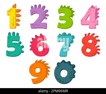 Colorful numbers with dinosaur spikes vector illustrations set Stock Vector