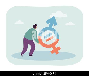 Tiny man holding heavy male and female equal gender signs Stock Vector