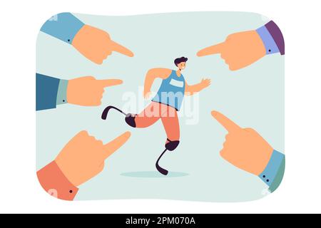 Peoples hands pointing fingers at prosthetic runner Stock Vector