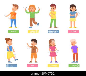 Kids touching and pointing to body parts with hand set Stock Vector