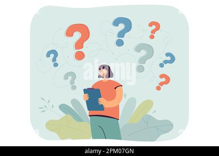 Girl with question marks above her head flat vector illustration Stock Vector