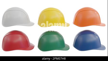 Set of protective multicolored helmets on an isolated background.3d rendering Stock Photo