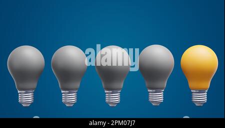 Light bulbs in a row. Ideas brainstorming success innovation.3d rendering Stock Photo