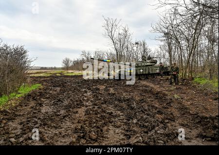 Tank Offensive Operations UKRAINE - APRIL 5, 2023- A T-72 tank is pictured during the training of ...