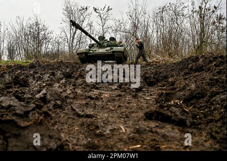 Tank Offensive Operations UKRAINE - APRIL 5, 2023- A T-72 tank is pictured during the training of ...