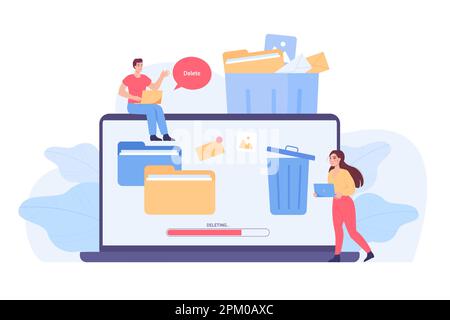 Tiny people and huge laptop with trash bin on screen Stock Vector