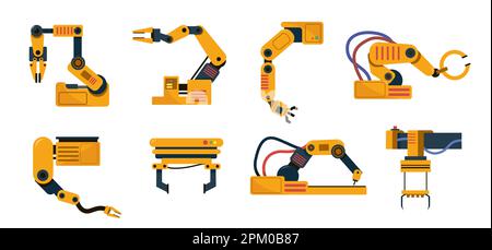 Robotic arms of machines on factory technological line set Stock Vector