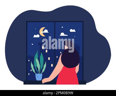 Girl looking out window at night city flat vector illustration Stock Vector