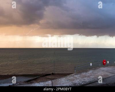 Sheerness, Kent, UK. 10th Apr, 2023. UK Weather: a lightning strike out to sea on Bank Holiday Monday in Sheerness, Kent. Credit: James Bell/Alamy Live News Stock Photo