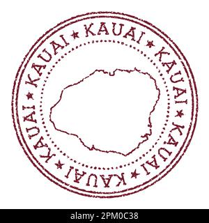 Kauai round rubber stamp with island map. Vintage red passport stamp with circular text and stars, vector illustration. Stock Vector