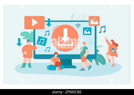Man in front of huge computer screen downloading files on laptop Stock Vector