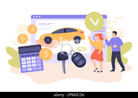 Tiny man and woman buying car via internet shop Stock Vector
