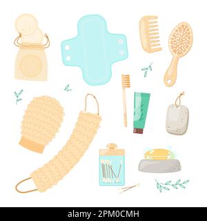 Eco bathroom accessories cartoon illustration set Stock Vector