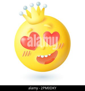 3d cartoon style emoticon with hearts in eyes and crown icon Stock Vector