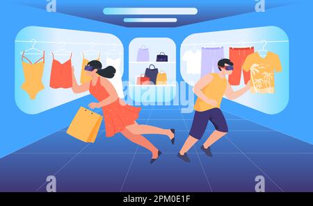 Man and woman in VR glasses buying clothes Stock Vector