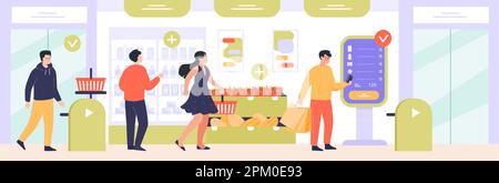 Customers buying groceries in cashierless shop Stock Vector