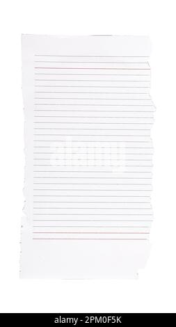 Torn notepad paper, lined notebook sheet isolated on white background. Stock Photo