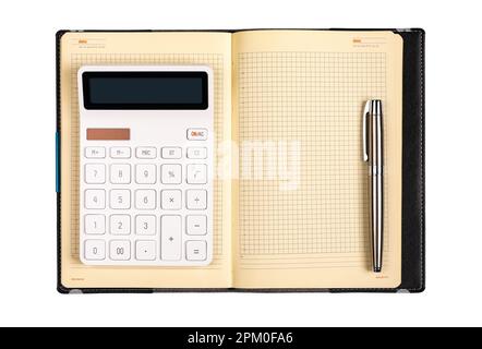 Open notepad, calculator, pen top view, isolated on white. Stock Photo
