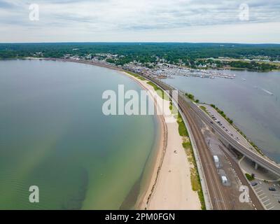 Niantic Beach and Boardwalk aerial view in a cloudy day between Niantic River and Niantic Bay in village of Niantic, East Lyme, Connecticut CT, USA. Stock Photo