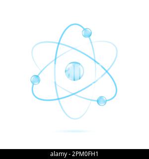 Atom orbit icon. Quantum physics. Blue color realistic molecule isolated on white background. Medical symbol. Nuclear energy. Ion glowing structure Stock Vector