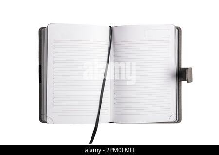 Open blank business planner with lined papers, ribbon bookmark. Office organizer, notepad isolated on white. Stock Photo