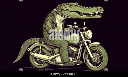 Cool Cartoon Rider Crocodile Character on Chopper Motorbike