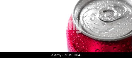 Fresh can of red soda pop soft drink with water drops chilled and refreshing cold Stock Photo