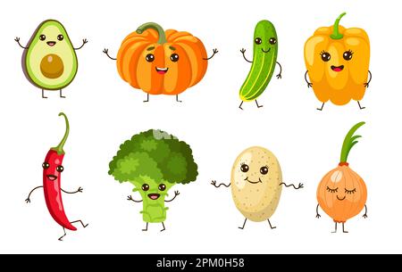 Vegetable characters with kawaii faces cartoon illustration set Stock Vector