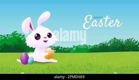 Happy Easter banner with cute bunny and eggs. Stock Vector