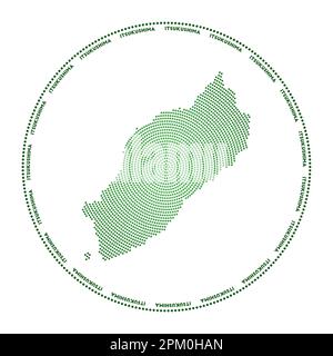 Itsukushima round logo. Digital style shape of Itsukushima in dotted circle with island name. Tech icon of the island with gradiented dots. Radiant ve Stock Vector