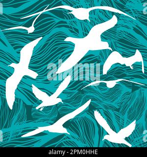 Abstract seamless pattern sea graphic and flying seagulls. Vector illustration Stock Vector