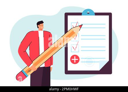 Cartoon man with huge pencil filling out work form Stock Vector