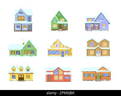 Facade of different houses in winter vector illustrations set Stock Vector