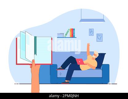 Man waving and lying on sofa with laptop Stock Vector