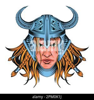 Viking woman. Scandinavian mythological viking character. Valkyrie in a horned helmet Stock Vector