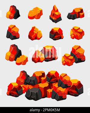 Burning coal for grill and barbecue cartoon illustration set Stock Vector