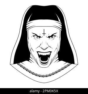 Evil nun. Vector illustration sketch of halloween costume possessed by the demon. Angry holy sister Stock Vector