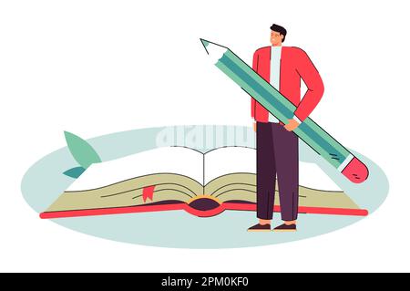 Tiny man standing next to huge open book and holding pencil Stock Vector