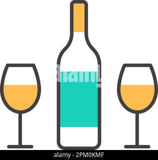 Wine bottle and two glasses flat line color icon isolated on white background. White wine alcohol beverage symbol. Romantic event celebration logo des Stock Vector