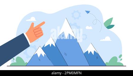 Finger of cartoon businessman pointing at mountain top Stock Vector