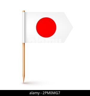 Realistic Japanese toothpick flag. Souvenir from Japan. Wooden toothpick with paper flag. Location mark, map pointer. Blank mockup for advertising and Stock Vector