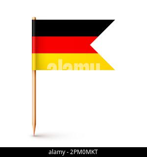 Realistic German toothpick flag. Souvenir from Germany. Wooden toothpick with paper flag. Location mark, map pointer. Blank mockup for advertising and Stock Vector